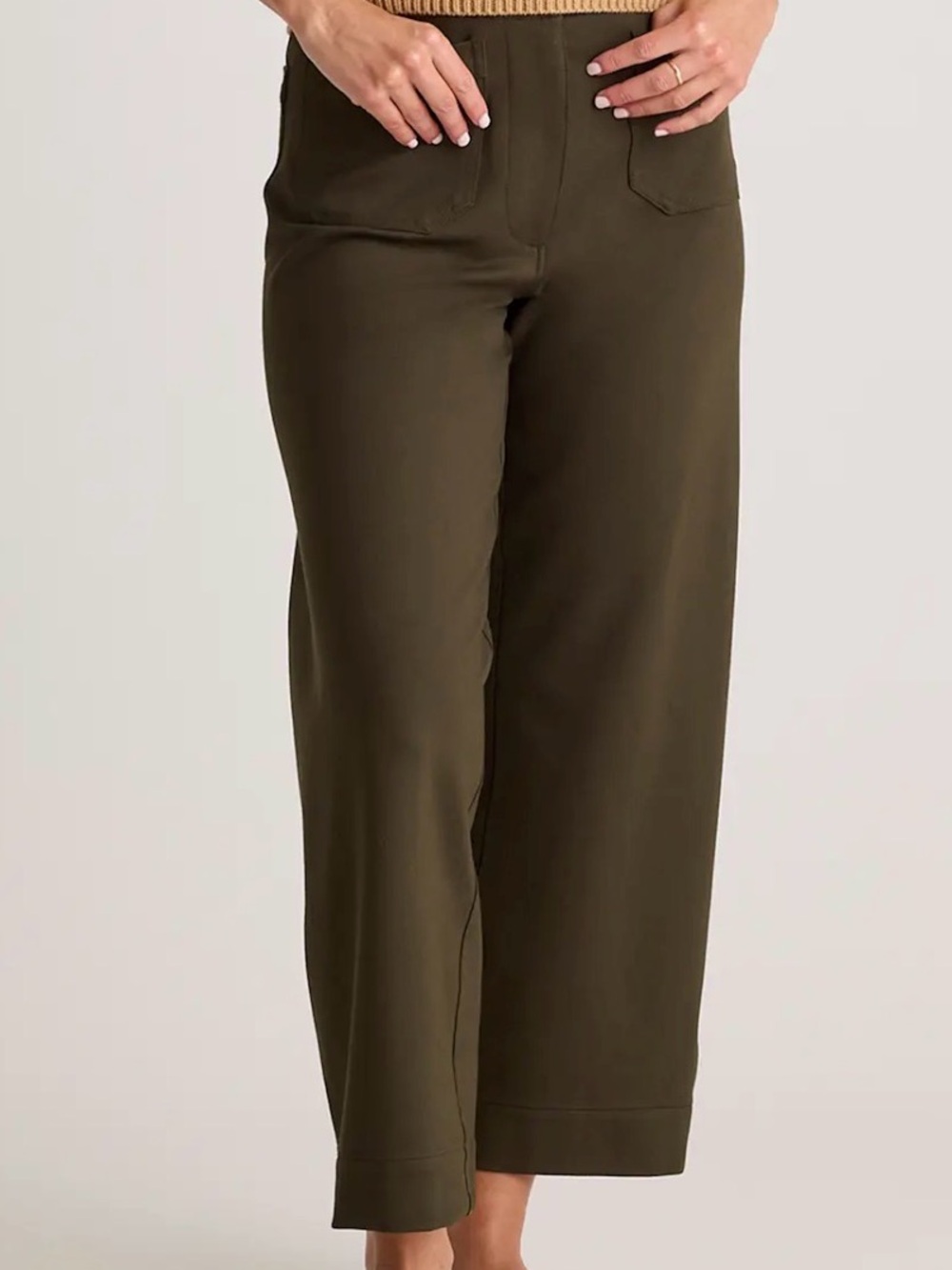 QUINCE Ultra-Stretch Ponte Cropped Wide Leg Pants in Olive - NWT